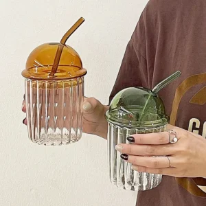 Ribbed Glass Cup w/ Lid & Straw